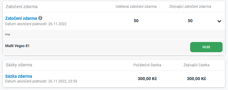 Za registrací získáte také původní bonus 50 free spinů a 300 Kč sázku zdarma